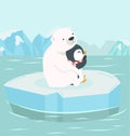 Polar bear hug penguin on an iceberg at North pole Arctic Royalty Free Stock Photo