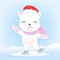 Polar Bear on ice skates in snow hand drawn watercolor style, Christmas concept Royalty Free Stock Photo