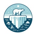 Polar bear on Iceberg on blue circular background. Climate crisis emblem.