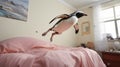 Penguin Jumping On Bed: Candid Photojournalism With Hyperrealistic Accuracy