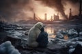 Polar bear with a man against the background of smoking chimneys of factories. The harm of civilization on nature. Generative AI