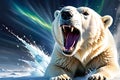Polar Bear Mid-Roar, Exemplifying a Furious Attack, Watercolor Style Showing Detailed Fur Texture Royalty Free Stock Photo