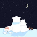 Polar bear Mom and cub watching shining star and comet falling,Dad bear and child siting together at night with crescent moon and