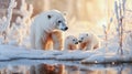 A polar bear mom and cubs walk through the Arctic tundra