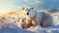 A polar bear mom and cubs walk through the Arctic tundra