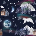 Polar bear in the night forest and the northern lights Royalty Free Stock Photo