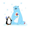 Polar bear and penguin eating ice cream - flat design style illustration Royalty Free Stock Photo