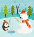 Polar bear and penguin on fishing