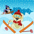 Polar bear and penguin skiing Royalty Free Stock Photo