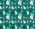Polar bear, Pine tree and small hut vector repeat pattern Royalty Free Stock Photo