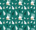 Polar bear, Pine tree and small hut vector repeat pattern