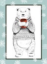polar bear with red cup and snowflakes on blue background.Christmas concept
