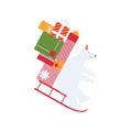 A polar polar bear rides on a sleigh down the mountain and carries New Year`s gifts. Cute christmas childrens