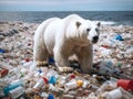 A polar bear in a sea of plastic waste. Generative Ai.