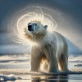 Polar bear shakes off the cold water after emerging from cold ocean