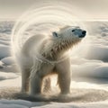 Polar bear shakes off the cold water after emerging from cold ocean