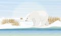 Polar bear on the shore by the sea. Dry grass, snow. Animals of the Arctic Circle