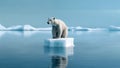 Polar bear sits on small ice floe, melting ocean. Global warming. Generative AI