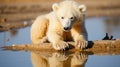 A polar bear sitting on a rock in the water. Generative AI image. Royalty Free Stock Photo