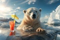 A polar bear sitting in the water with a glass of exotic cocktail