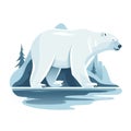 a polar bear standing on an ice floer with trees in the background and water in the foreground, with a white background Royalty Free Stock Photo