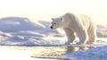 Polar bear is standing on a melting ice flow with the sun setting in the background, creating a sense of urgency about Royalty Free Stock Photo