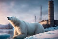 A polar bear standing in the snow in front of a factory