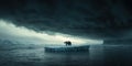 polar bear stands alone on shrinking iceberg under dark clouds Royalty Free Stock Photo