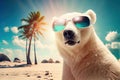 Polar bear with sunglasses on tropical sandy beach with palm trees. Summer holiday vacation on island resort Royalty Free Stock Photo