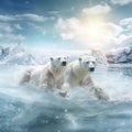 Polar bear swimming in water. Two bears playing on drifting ice with snow. White animals in the nature habitat Alaska Canada