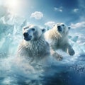 Polar bear swimming in water. Two bears playing on drifting ice with snow. White animals in the nature habitat Alaska Canada Royalty Free Stock Photo