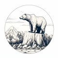 Isometric Ink Drawing Of A Bear Sitting On A Mountain