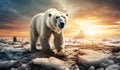 Polar bear in thaw zone due to climate change. AI generated