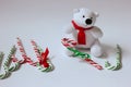 Polar bear toy with a red scarf on the wight backround whith candy canes Royalty Free Stock Photo