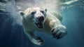 Polar bear underwater attack. Polar bear attacking underwater full paw blow details. AI Generative