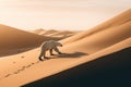 A polar bear walks desperately through the desert looking for water and food.Global warming has left this polar bear without