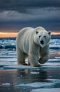 A Majestic Polar Bear Strolls Across the Arctic Ice Floes at Sunrise Royalty Free Stock Photo