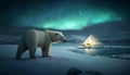 Polar bear walks near camping tent under green northern lights or aurora, generative AI