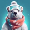 Polar bear wearing snowboard goggles and scarf, on a winter, blue background, cartoon illustration Royalty Free Stock Photo