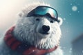 Polar bear wearing snowboard goggles, on a winter background, cartoon illustration Royalty Free Stock Photo