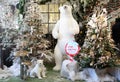 Polar bear in winter with fir tree and christmas decorations in store Royalty Free Stock Photo