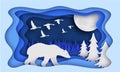 Polar bear is in the winter forest. Past The Trees. Night, moon. Birds fly away. New year. Paper style. Royalty Free Stock Photo