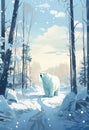 Polar bears, pine trees and autumn woodland on blue background