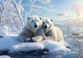 Polar bears in the snow in the Arctic. Cold winter. AI generated