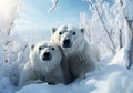 Polar bears in the snow in the Arctic. Cold winter. AI generated