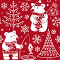 Polar bears and snowy forest seamless pattern