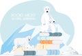 Polar bears stand on stack of books about global warming. Animals suffer from melting glaciers Royalty Free Stock Photo