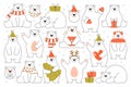 Polar bears winter and christmas character with holiday accessories line set vector illustration