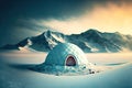 Polar day Eskimo snow igloo landscape against backdrop of mountains