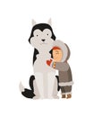 Polar eskimo character. Indigenous children wearing traditional warm clothes. Kid with pet dog. Traditional ethnic